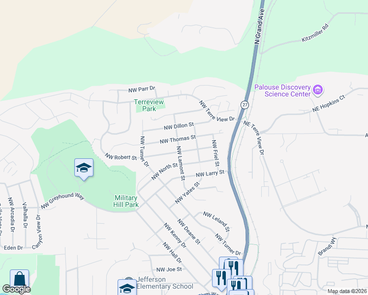 map of restaurants, bars, coffee shops, grocery stores, and more near 230 Northwest Robert Street in Pullman