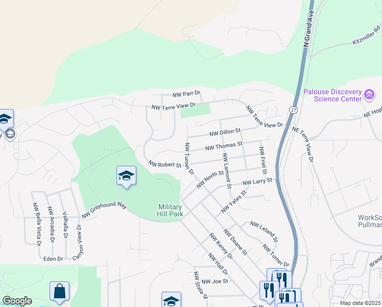 map of restaurants, bars, coffee shops, grocery stores, and more near 393 Northwest Thomas Street in Pullman