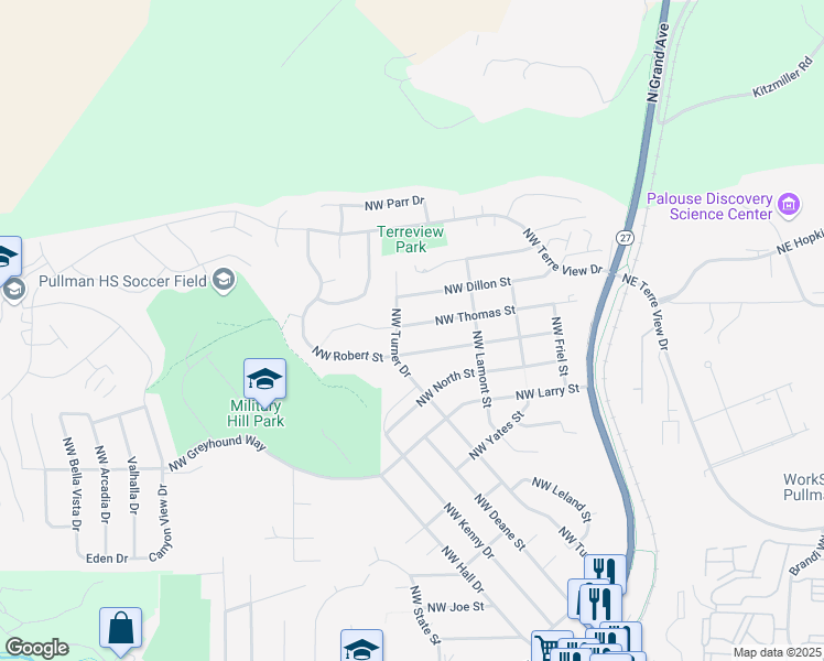 map of restaurants, bars, coffee shops, grocery stores, and more near 373 Northwest Thomas Street in Pullman