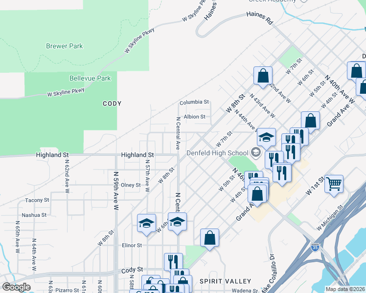 map of restaurants, bars, coffee shops, grocery stores, and more near 1312 North Central Avenue in Duluth