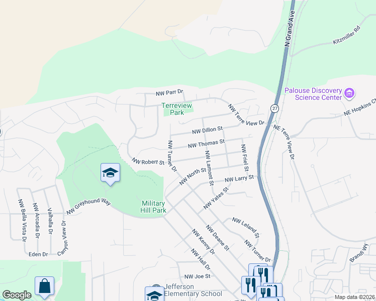 map of restaurants, bars, coffee shops, grocery stores, and more near 345 Northwest Thomas Street in Pullman