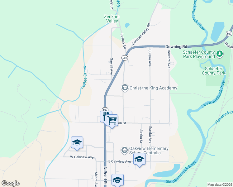 map of restaurants, bars, coffee shops, grocery stores, and more near 115 East Cindy Road in Centralia