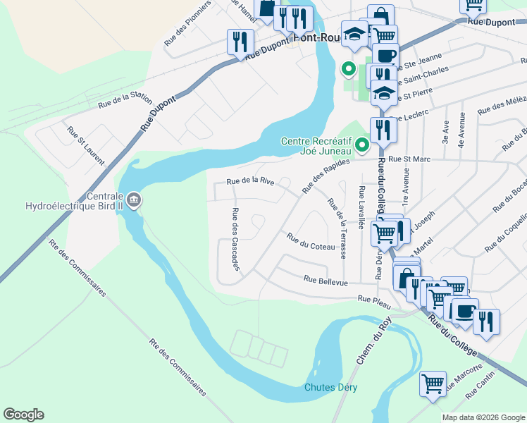 map of restaurants, bars, coffee shops, grocery stores, and more near 20 Rue des Berges in Pont-Rouge