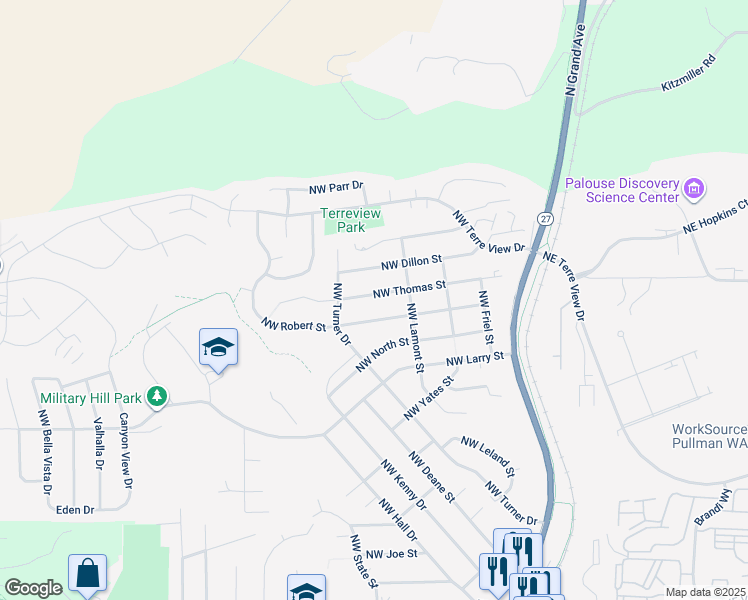 map of restaurants, bars, coffee shops, grocery stores, and more near 345 Northwest Thomas Street in Pullman