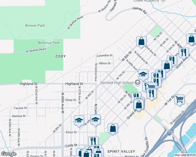 map of restaurants, bars, coffee shops, grocery stores, and more near 1312 North Central Avenue in Duluth