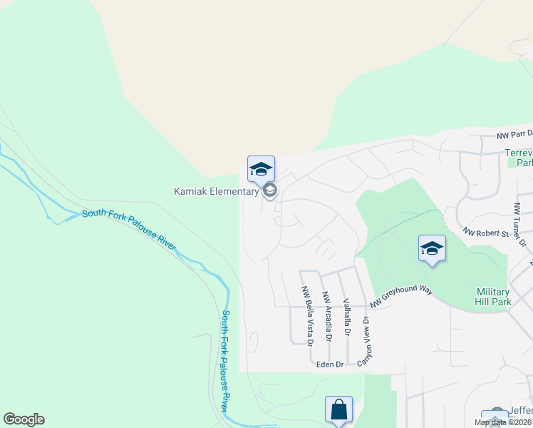 map of restaurants, bars, coffee shops, grocery stores, and more near 1400 Northwest Terre View Drive in Pullman