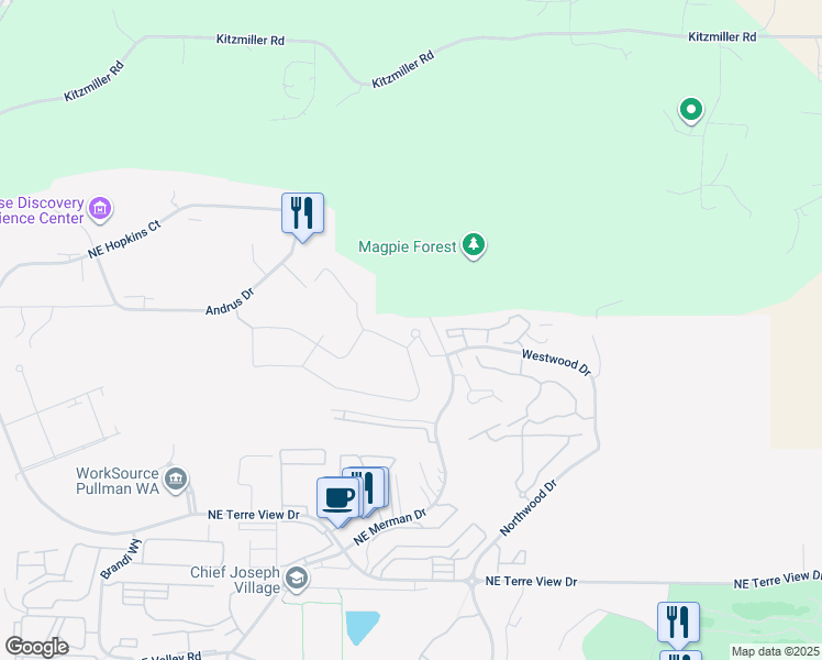 map of restaurants, bars, coffee shops, grocery stores, and more near 2045 Northeast Merman Drive in Pullman