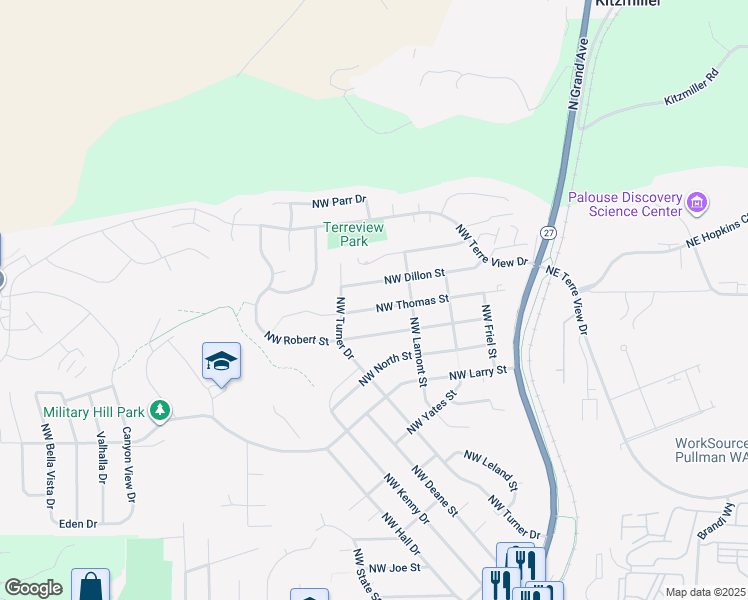 map of restaurants, bars, coffee shops, grocery stores, and more near 345 Northwest Thomas Street in Pullman