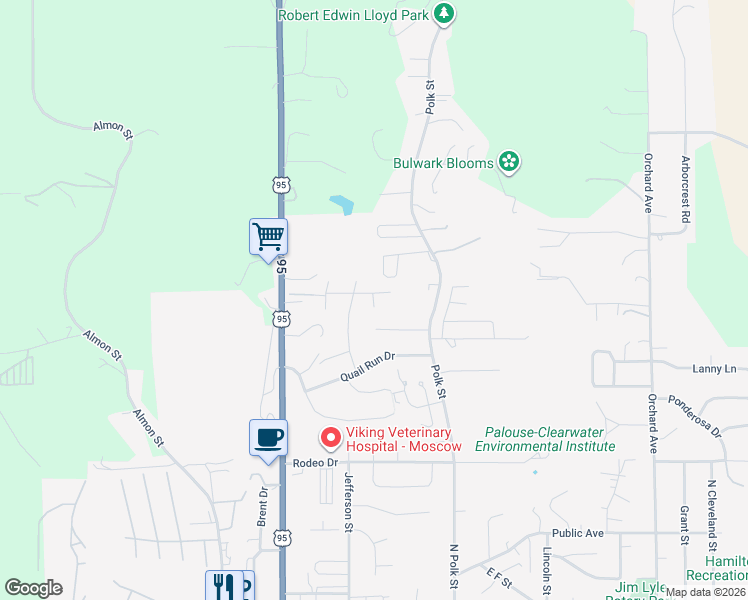 map of restaurants, bars, coffee shops, grocery stores, and more near 1450 Bob White Place in Moscow