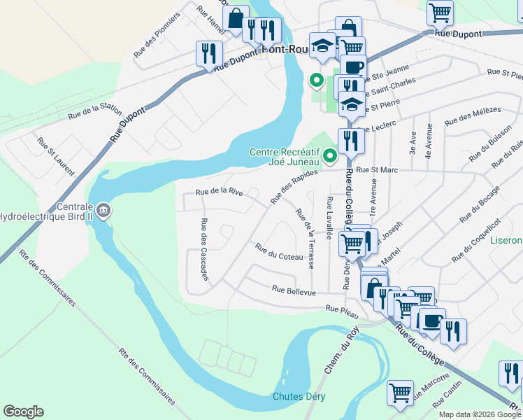 map of restaurants, bars, coffee shops, grocery stores, and more near 2 Rue de la Rive in Pont-Rouge