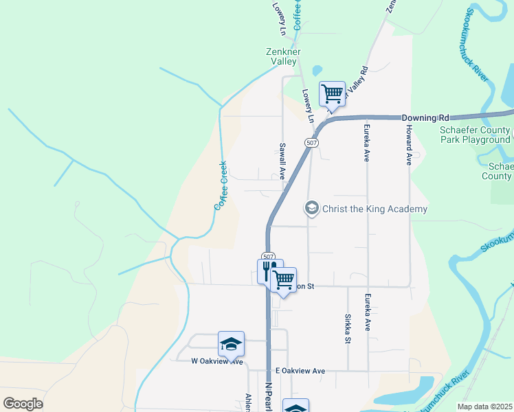map of restaurants, bars, coffee shops, grocery stores, and more near 2505 North Pearl Street in Centralia