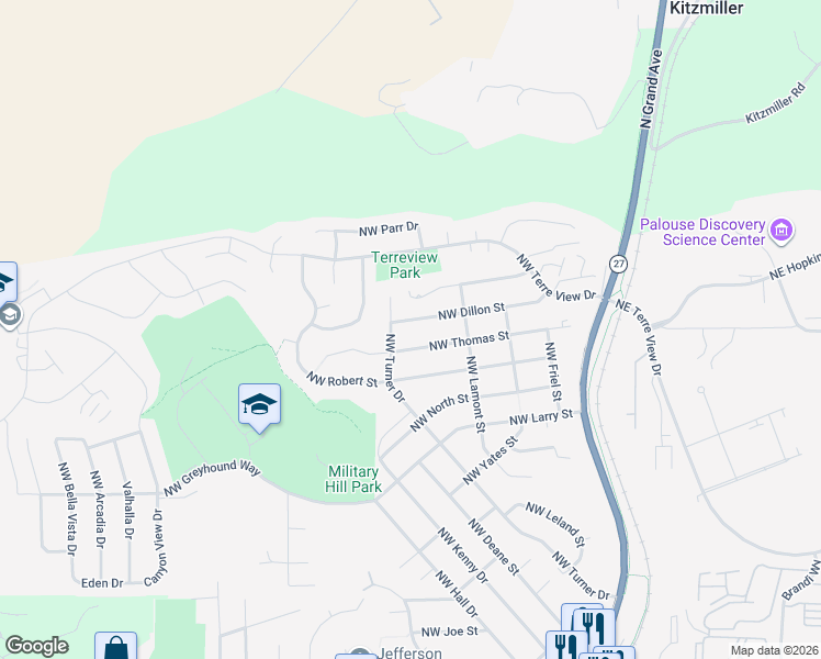 map of restaurants, bars, coffee shops, grocery stores, and more near 345 Northwest Thomas Street in Pullman