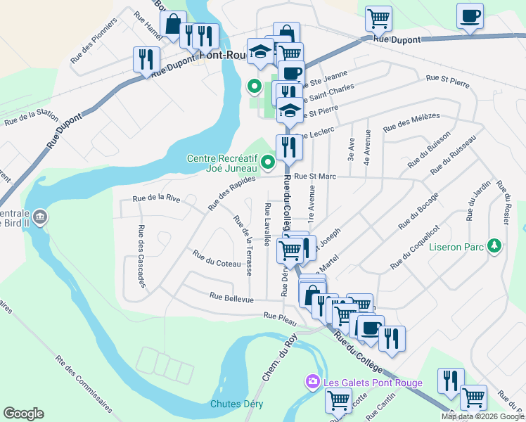 map of restaurants, bars, coffee shops, grocery stores, and more near 17 Rue Lavallée in Pont-Rouge
