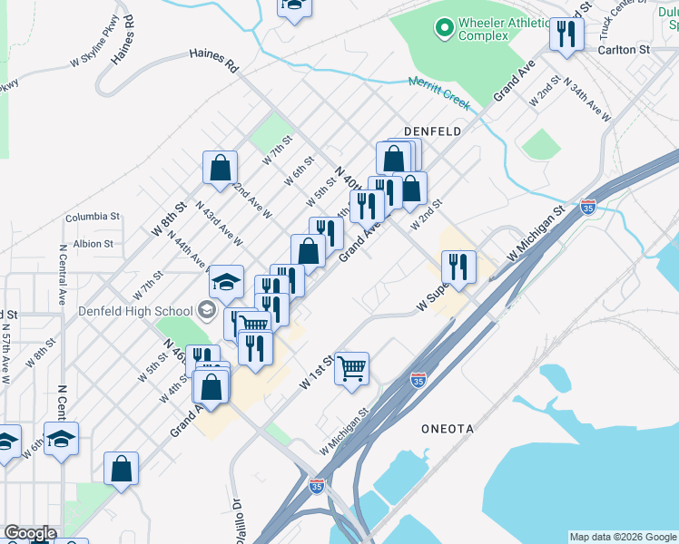 map of restaurants, bars, coffee shops, grocery stores, and more near 4122 West 4th Street in Duluth