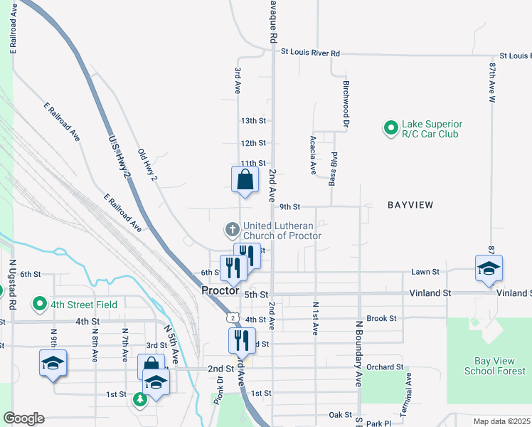 map of restaurants, bars, coffee shops, grocery stores, and more near 841 2nd Avenue in Proctor