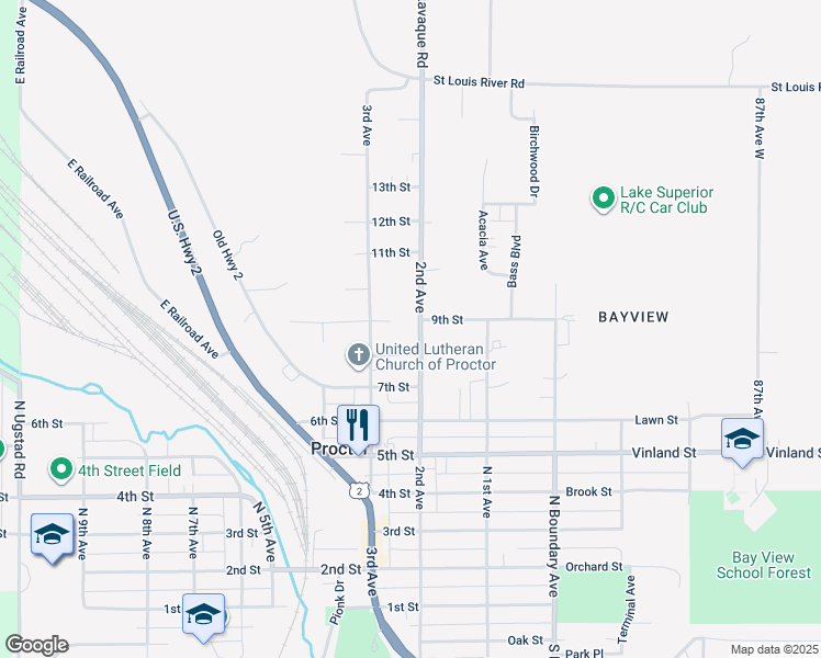 map of restaurants, bars, coffee shops, grocery stores, and more near 841 2nd Avenue in Proctor