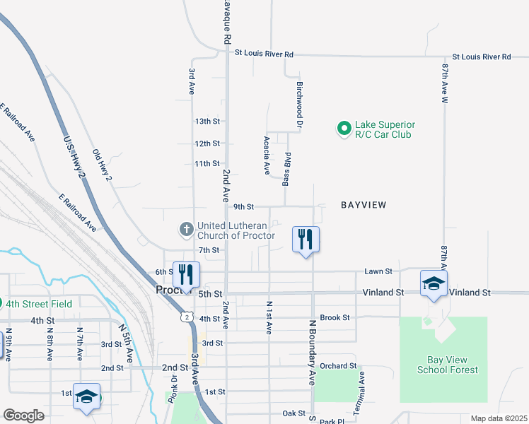 map of restaurants, bars, coffee shops, grocery stores, and more near 815 North 1st Avenue in Proctor