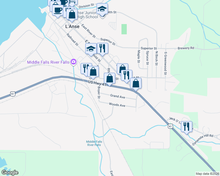 map of restaurants, bars, coffee shops, grocery stores, and more near 111 U.S. 41 in L'Anse