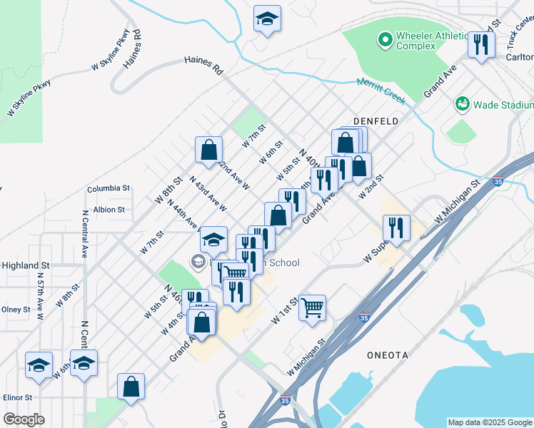 map of restaurants, bars, coffee shops, grocery stores, and more near 407 North 42nd Avenue West in Duluth