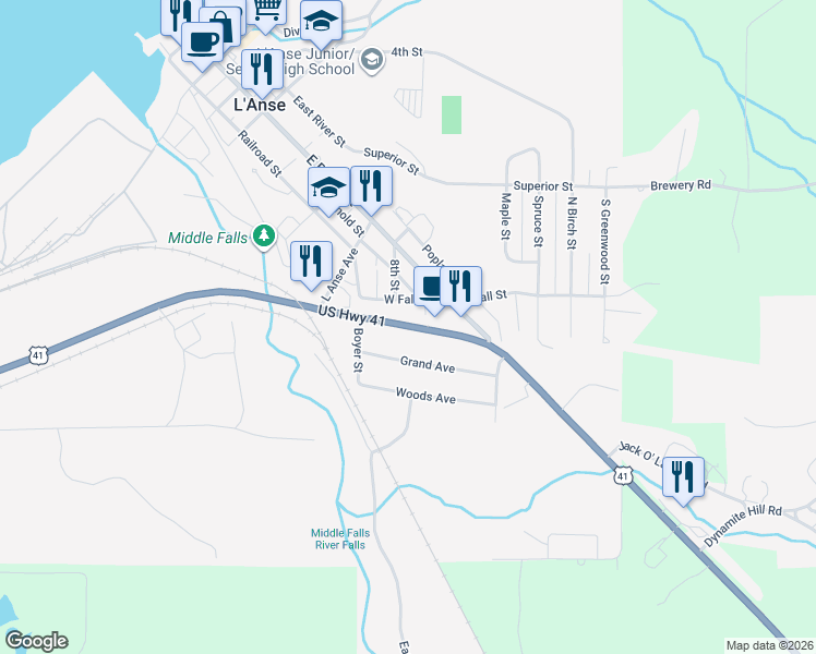 map of restaurants, bars, coffee shops, grocery stores, and more near 111 U.S. 41 in L'Anse