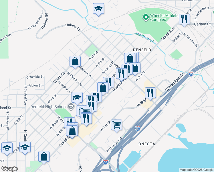 map of restaurants, bars, coffee shops, grocery stores, and more near 4122 West 4th Street in Duluth