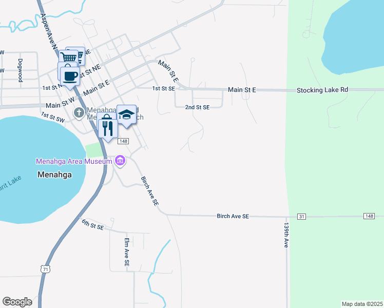 map of restaurants, bars, coffee shops, grocery stores, and more near 528 2nd Street Southeast in Menahga