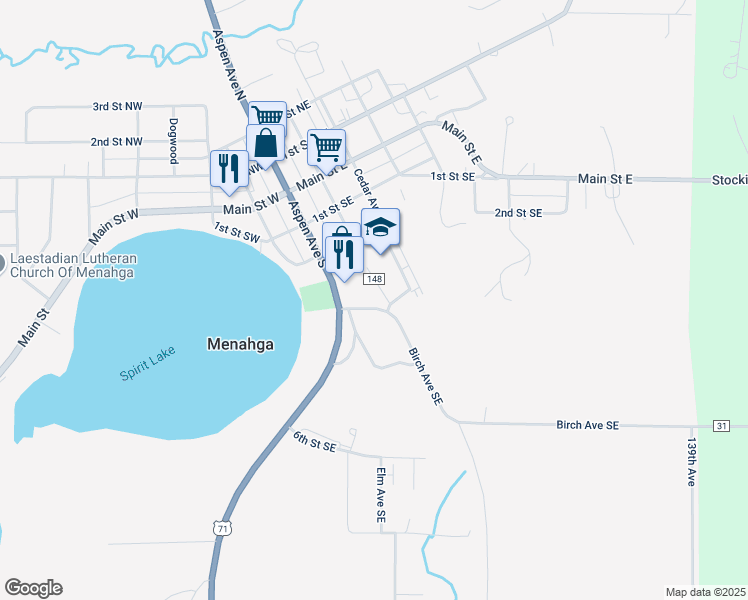 map of restaurants, bars, coffee shops, grocery stores, and more near 19 3rd Street Southeast in Menahga