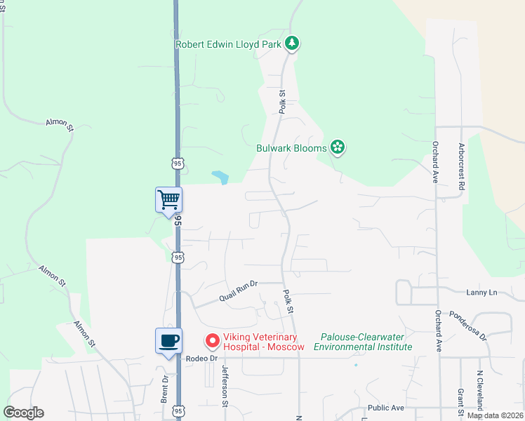map of restaurants, bars, coffee shops, grocery stores, and more near 1751 North Polk Extension in Moscow