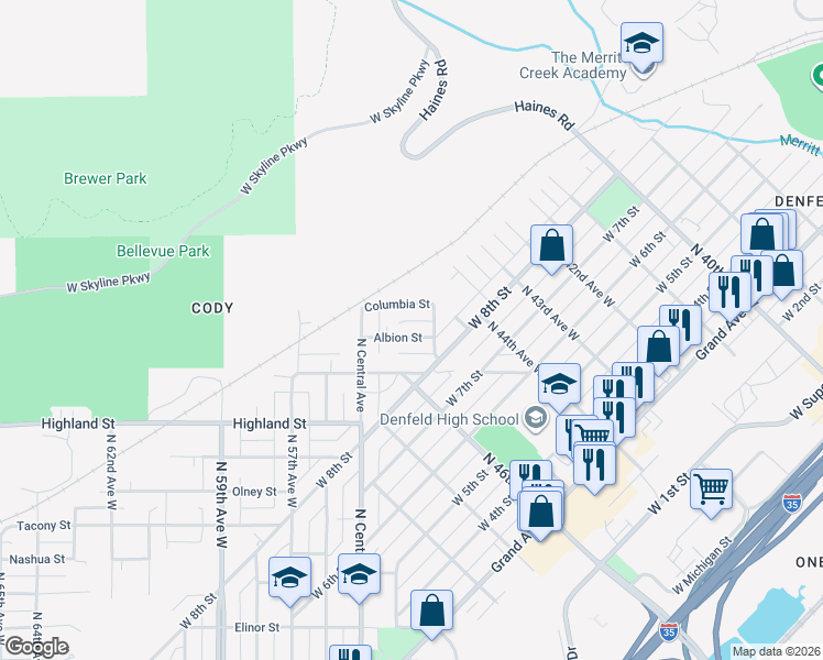 map of restaurants, bars, coffee shops, grocery stores, and more near 5314 Albion Street in Duluth