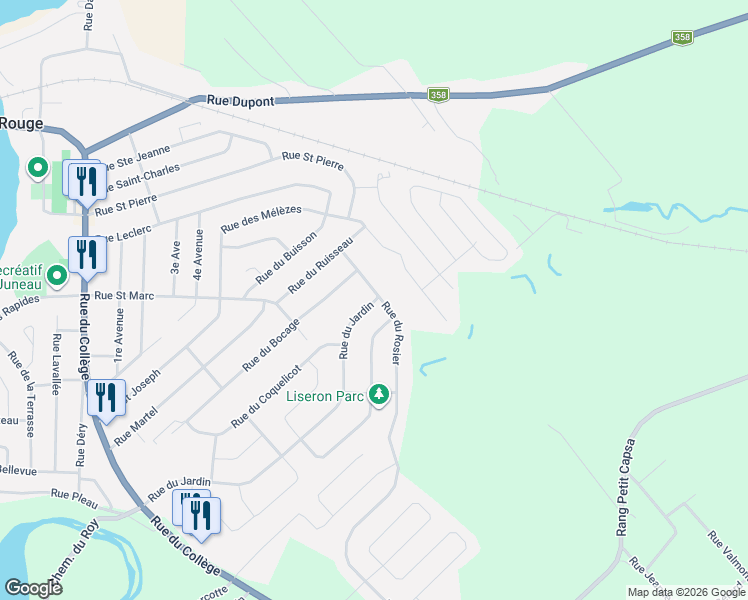 map of restaurants, bars, coffee shops, grocery stores, and more near 77 Rue du Jardin in Pont-Rouge