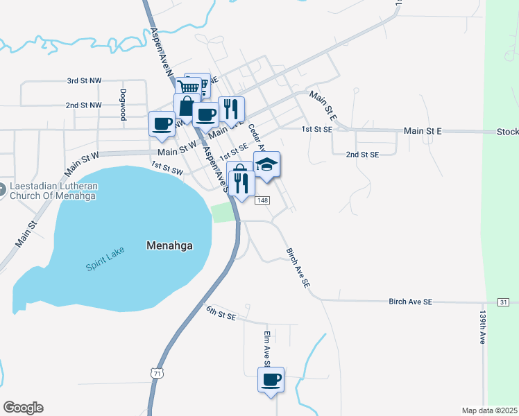 map of restaurants, bars, coffee shops, grocery stores, and more near 19 3rd Street Southeast in Menahga