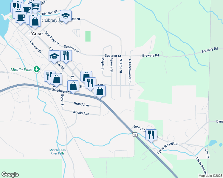 map of restaurants, bars, coffee shops, grocery stores, and more near 1-21 Spruce Street in L'Anse