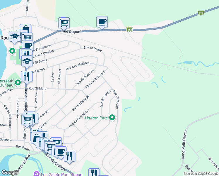 map of restaurants, bars, coffee shops, grocery stores, and more near 77 Rue du Jardin in Pont-Rouge