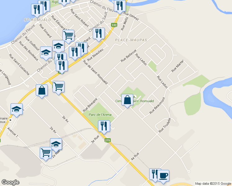 map of restaurants, bars, coffee shops, grocery stores, and more near Rue de Saint-Romuald in Lévis