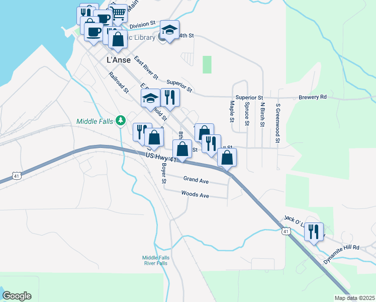 map of restaurants, bars, coffee shops, grocery stores, and more near Arnold Street in L'Anse