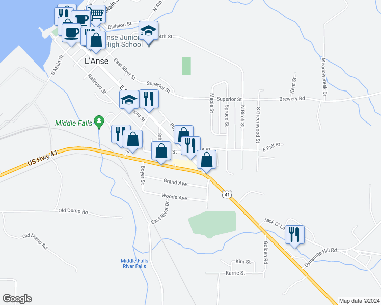 map of restaurants, bars, coffee shops, grocery stores, and more near 121 East Fall Street in L'Anse