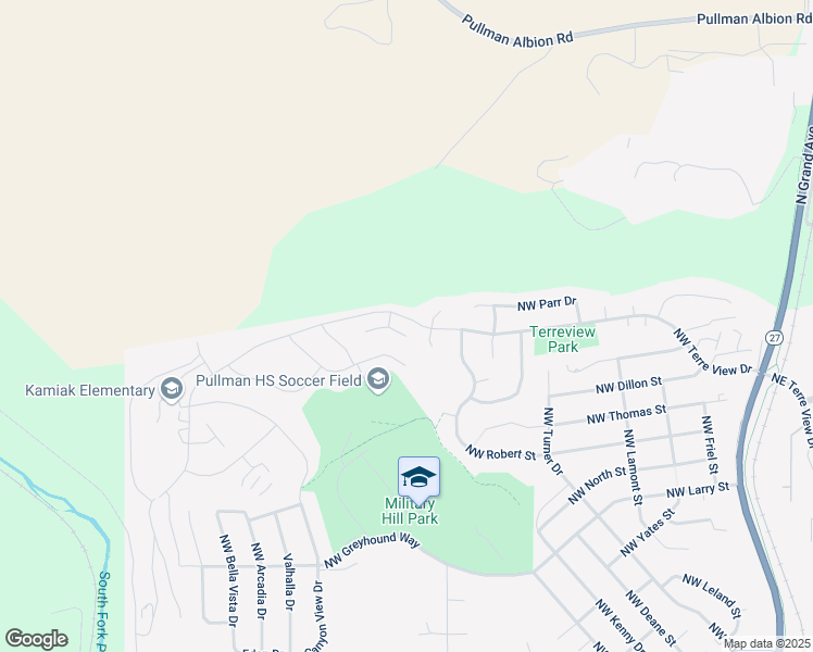 map of restaurants, bars, coffee shops, grocery stores, and more near 725 Northwest Terre View Drive in Pullman
