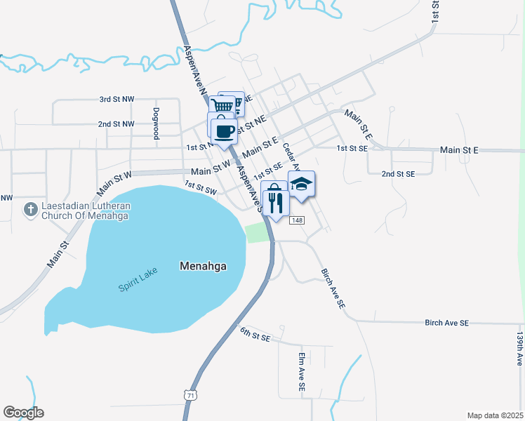 map of restaurants, bars, coffee shops, grocery stores, and more near 216 Aspen Avenue South in Menahga