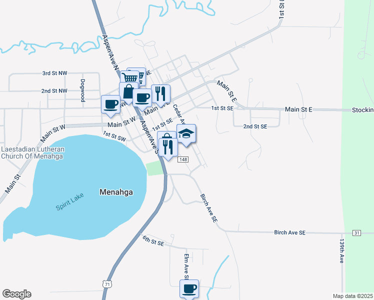 map of restaurants, bars, coffee shops, grocery stores, and more near 216 Aspen Avenue South in Menahga
