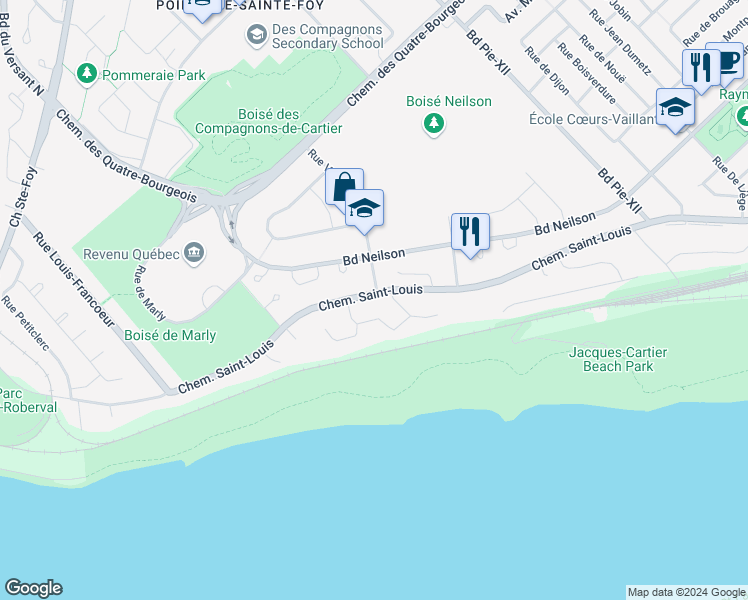 map of restaurants, bars, coffee shops, grocery stores, and more near 3735 Chemin Saint-Louis in Québec