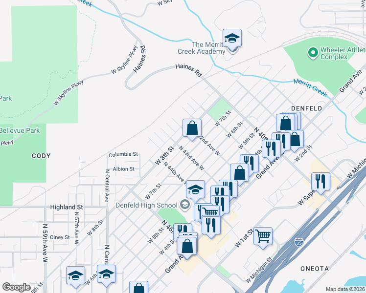 map of restaurants, bars, coffee shops, grocery stores, and more near 716 North 43rd Avenue West in Duluth