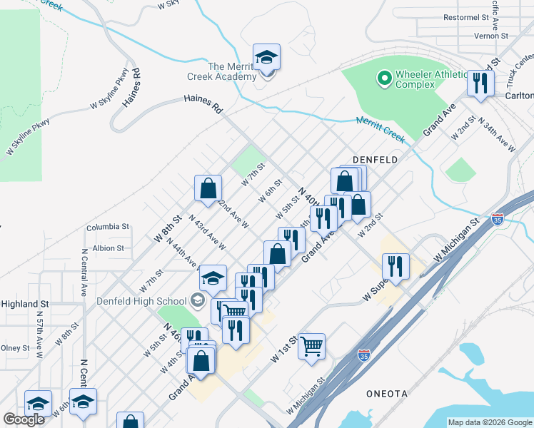 map of restaurants, bars, coffee shops, grocery stores, and more near 4109 West 5th Street in Duluth