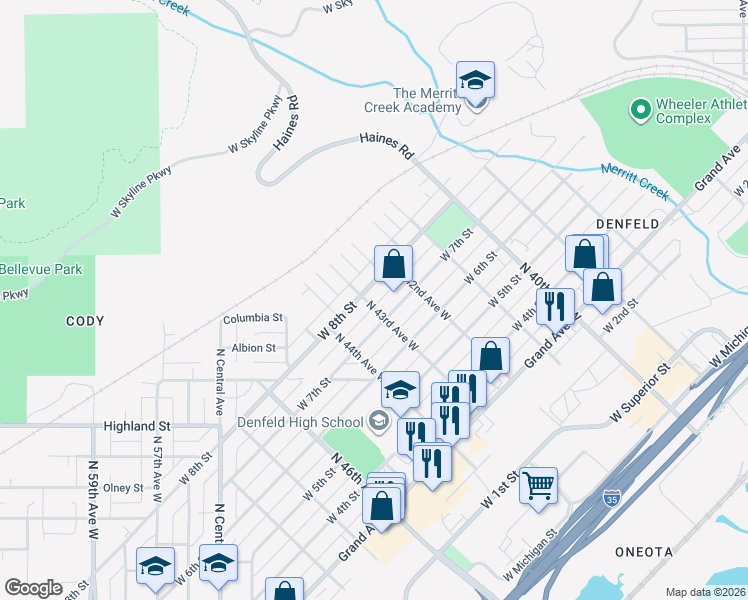 map of restaurants, bars, coffee shops, grocery stores, and more near 716 North 43rd Avenue West in Duluth