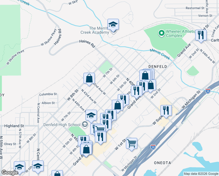 map of restaurants, bars, coffee shops, grocery stores, and more near 4109 West 5th Street in Duluth