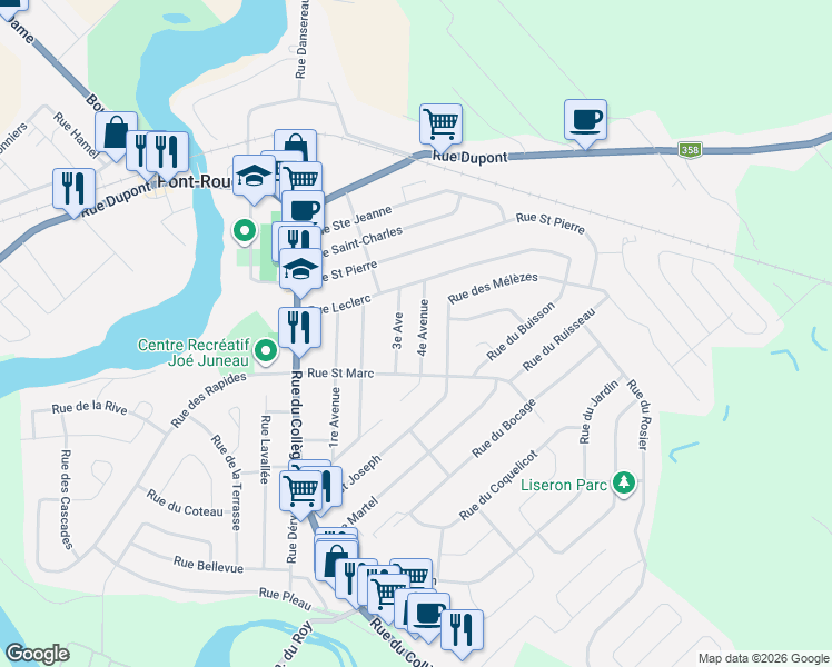 map of restaurants, bars, coffee shops, grocery stores, and more near 11 4e Avenue in Pont-Rouge