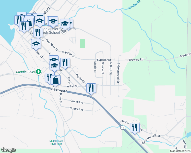 map of restaurants, bars, coffee shops, grocery stores, and more near 25 Maple Street in L'Anse