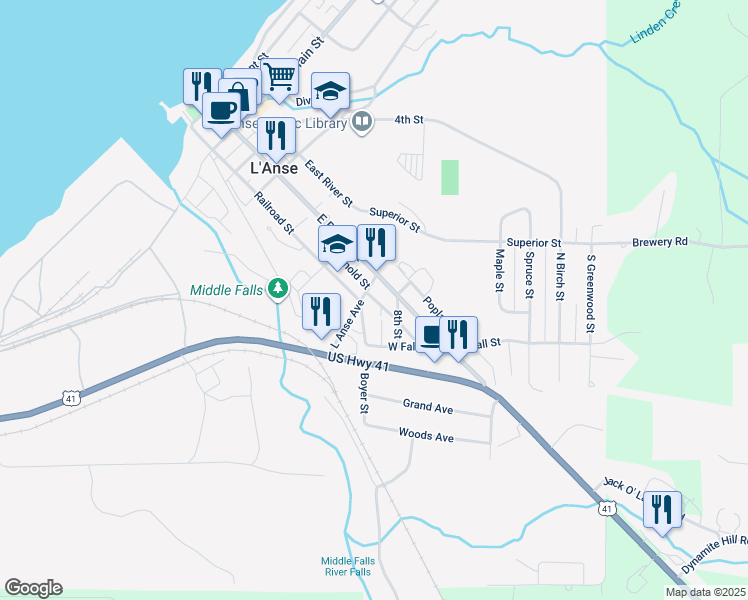 map of restaurants, bars, coffee shops, grocery stores, and more near Arnold Street in L'Anse
