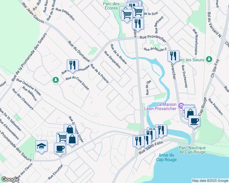 map of restaurants, bars, coffee shops, grocery stores, and more near 1216 Rue de la Poterie in Ville de Québec