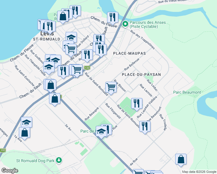 map of restaurants, bars, coffee shops, grocery stores, and more near 2252 Rue Bellevue in Lévis