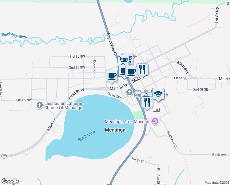 map of restaurants, bars, coffee shops, grocery stores, and more near 113 Main Street East in Menahga